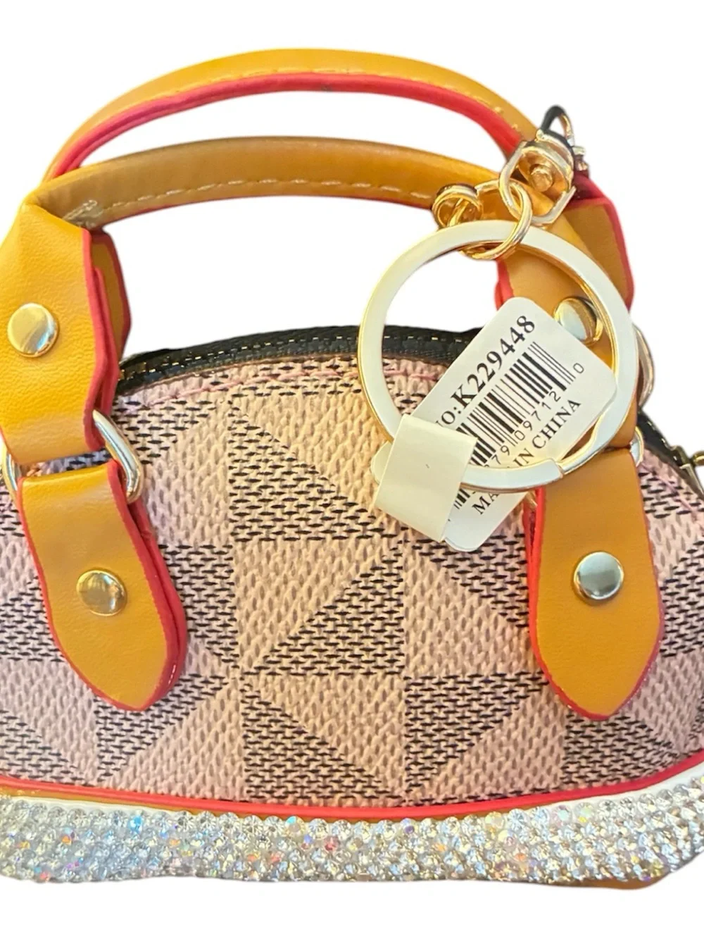 Gold Handle Pink Pattern Mini Bag Charm with Crystal Base